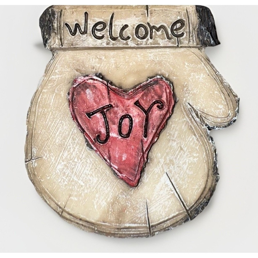 Mitten Ornament with Welcome Joy Rustic Resin With Spruce EUC